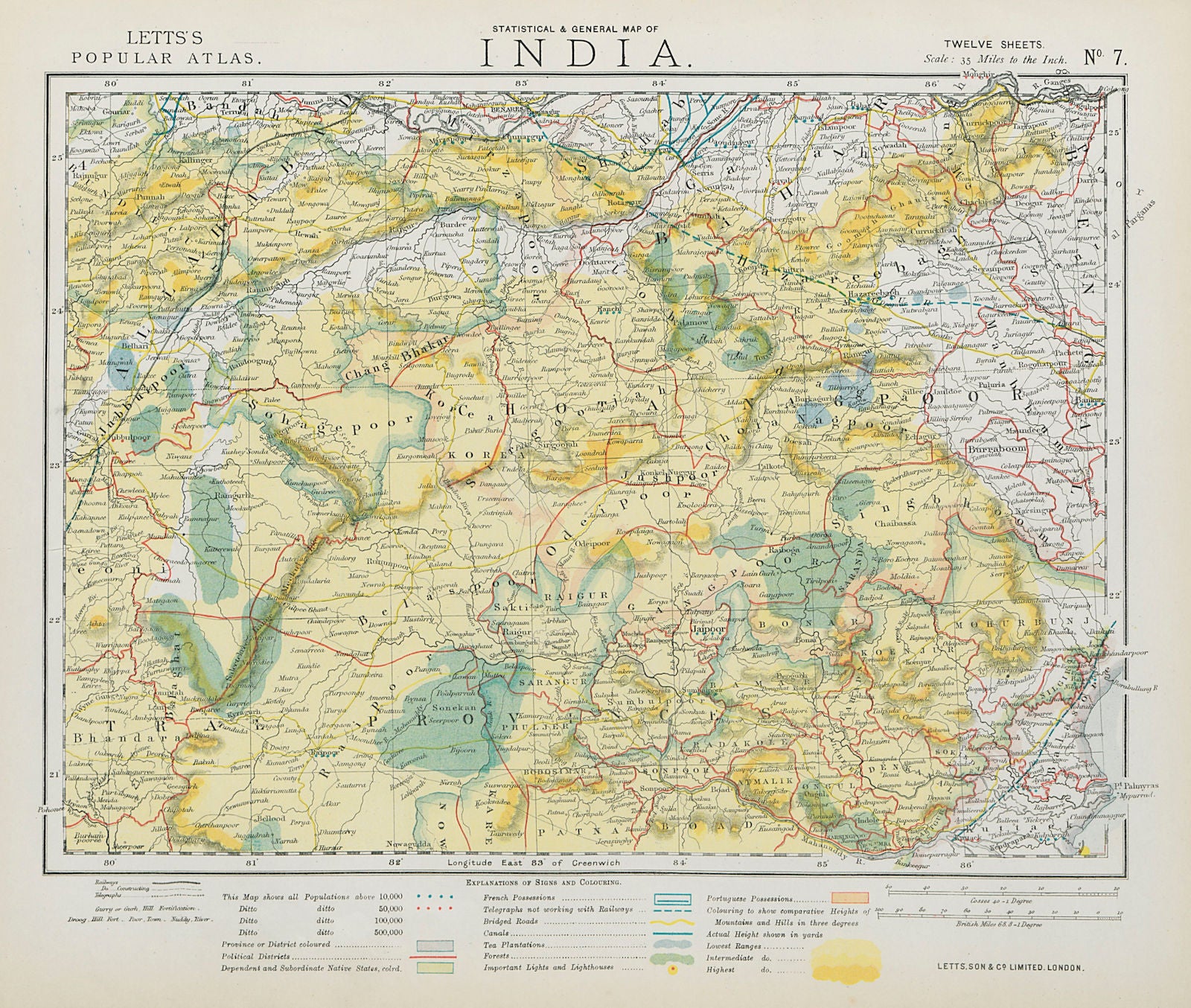 CENTRAL BRITISH INDIA Bengal Bandelkand. Tea plantations. Railways 1884 map